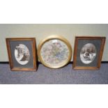 Two black and white framed Victorian photos and a Victorian tapestry needlework,