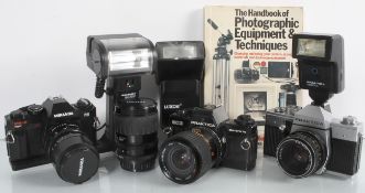 A group of cameras and flashes to include Miranda and Praktica