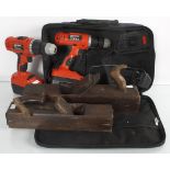 An 18volt Black & Decker drill with batteries and charger together with Bosch drill and planes