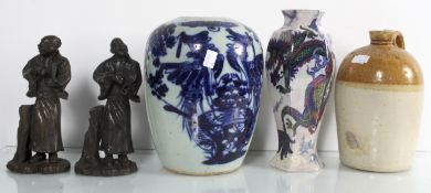 A selection of vases and some Chinese figures to include a Bridgwater stoneware flagon 25cmH