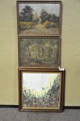 Two oil paintings, J Ferry 1927 and another depicting woodland scenes,