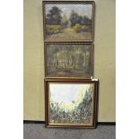 Two oil paintings, J Ferry 1927 and another depicting woodland scenes,