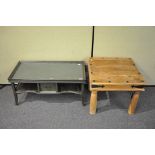 A wood coffee table with inset glass top on shaped legs with under shelf and drawer H 43cm, W 91cm,