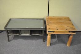 A wood coffee table with inset glass top on shaped legs with under shelf and drawer H 43cm, W 91cm,