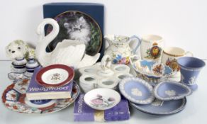 A mixed group of Coronation mugs to include a swan planter and wedgewood blue jasper ware