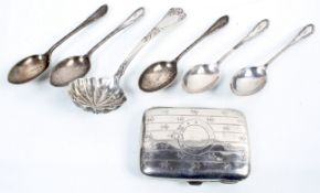 A silver cigarette case, six teaspoons and sifter,