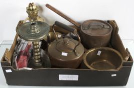 A copper kettle, a brass pan and other metalware
