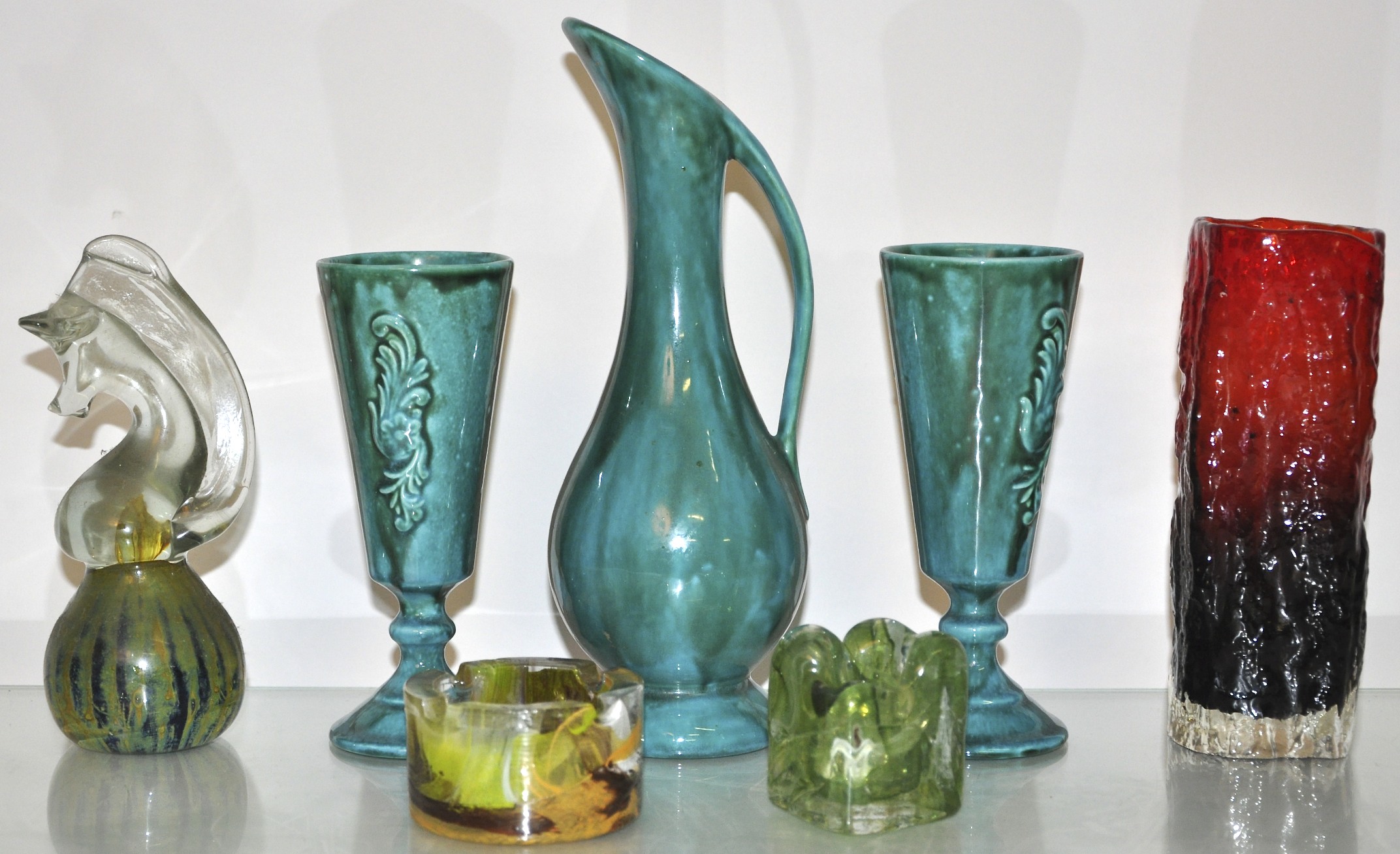 A Mdina paperweight and Whitefriars style vase and other items