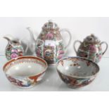 A famille rose style three piece tea set and two Chinese bowl one in the faille rose palette