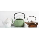 Two vintage teapots in enamel Barge ware together with a stepped square form ship's copper kettle