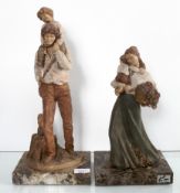 Two composite figures on marble bases 47cm H