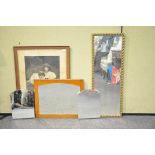 A group of mirrors and a print of two girls with puppies H 82cm,