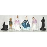 Three Doulton ladies with two pressed coal figures of miners and a Capodimonte style man