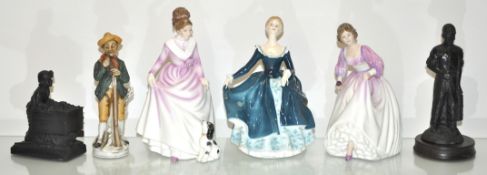 Three Doulton ladies with two pressed coal figures of miners and a Capodimonte style man