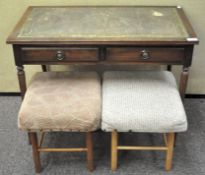 A mahogany side table with inset leather top and two stools a/f 52cmH x 73cmW x 42cmD