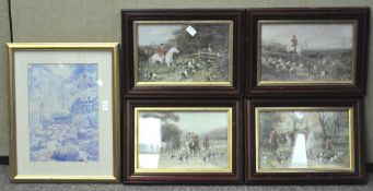 A group of prints of four hunting scenes and a woodland river