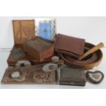 A selection of wooden items to include a marquetry panel