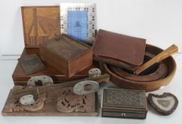 A selection of wooden items to include a marquetry panel