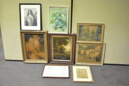 A collection of assorted framed prints and a needlework tray to include gilt framed examples of