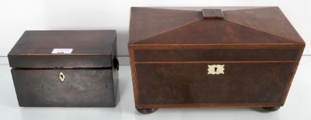 A mahogany sarcophagus shaped tea caddy with satinwood stringing and another smaller tea caddy.