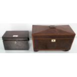 A mahogany sarcophagus shaped tea caddy with satinwood stringing and another smaller tea caddy.