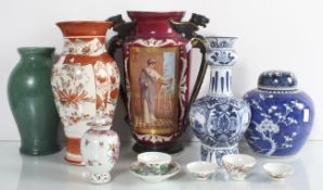 A group of vases to include a prunus ginger jar and two handled verne