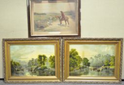 A group of three prints two landscapes with cows and a man on horseback