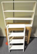 A pine kitchen trolley and shelves,