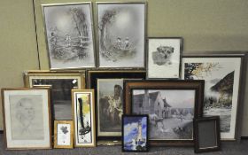 A selection of pictures together with a gilt framed mirror, H 51cm,
