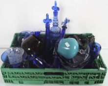 A collection of blue glassware to include vases bowls and baskets