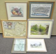 A group of watercolours and pictures to include a floral studies and a map