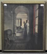 An interior print showing a lady at a window, 58cm x 49cm