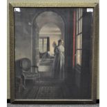 An interior print showing a lady at a window, 58cm x 49cm