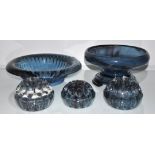 A blue glass bowl, three flower hedgehogs and a cut glass bowl