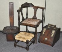 Two chairs, a stool and a coal box. Tallest measures; 75cm.