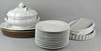 A collection of assorted cookware, pie dishes, plates and a tureen. Tallest measures; 22cm.