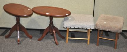 Two upholstered stools and two side tables,