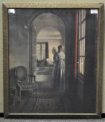 An interior print showing a lady at a window.