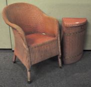 A Lloyd loom chair together with laundry . Tallest measures; 88cm.