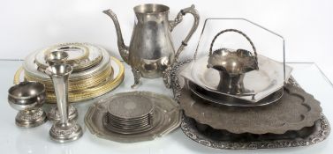 A quantity of silver plated and other items to include trays, coffee pot,
