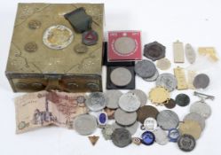 A group of Coronation and Jubilee commemorative coins etc in a brass box