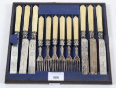 A fitted tray with six silver plated bone handled dessert knives and forks