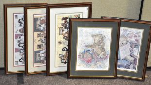 Three humorous cat prints to include The Stag Party, 20cm x 42cm and two others,