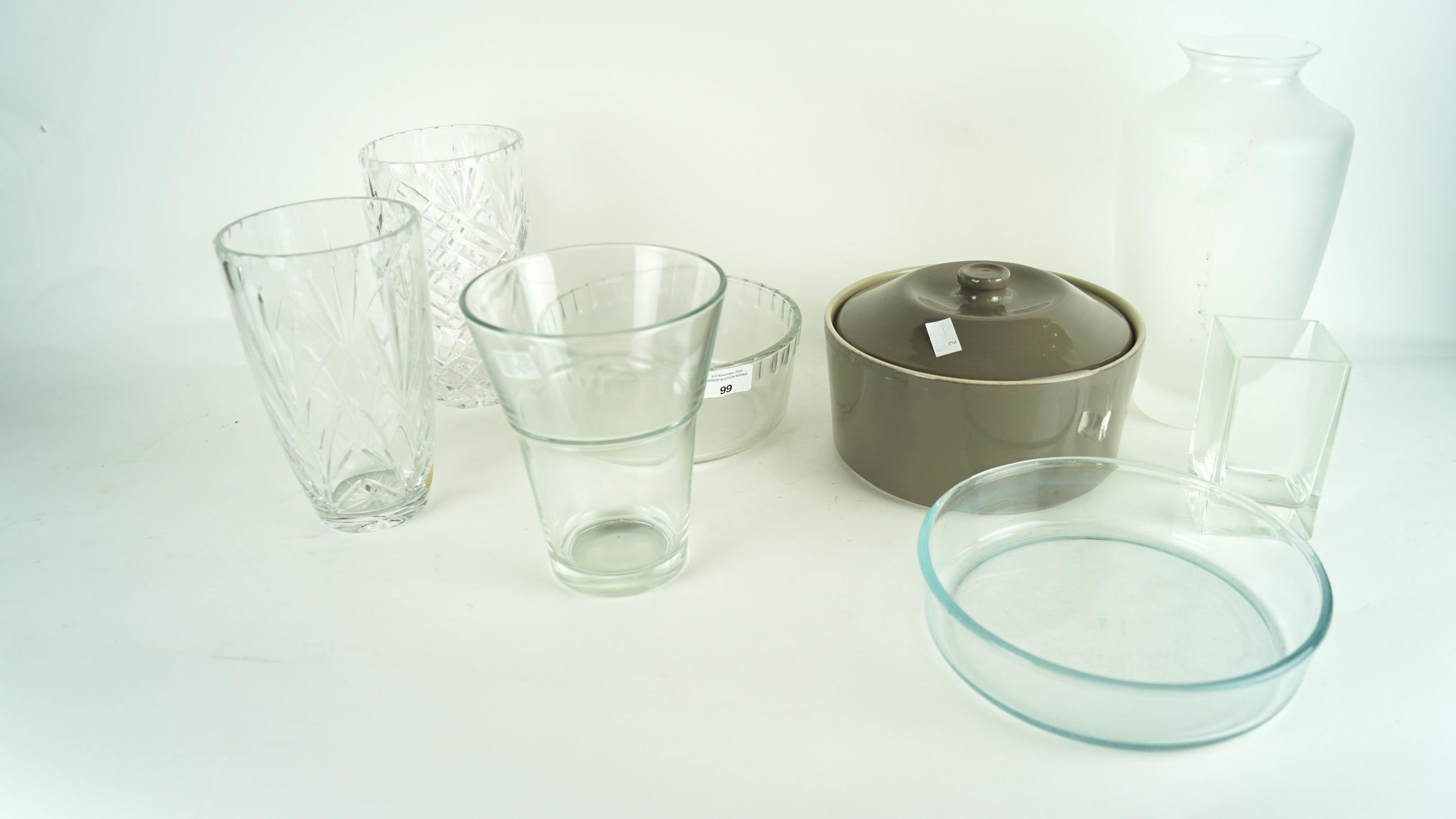 A collection of assorted glass vases and dishes. Tallest measures; 27cm.