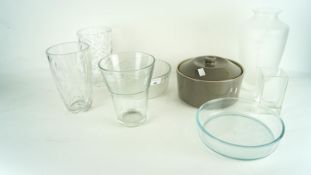 A collection of assorted glass vases and dishes. Tallest measures; 27cm.
