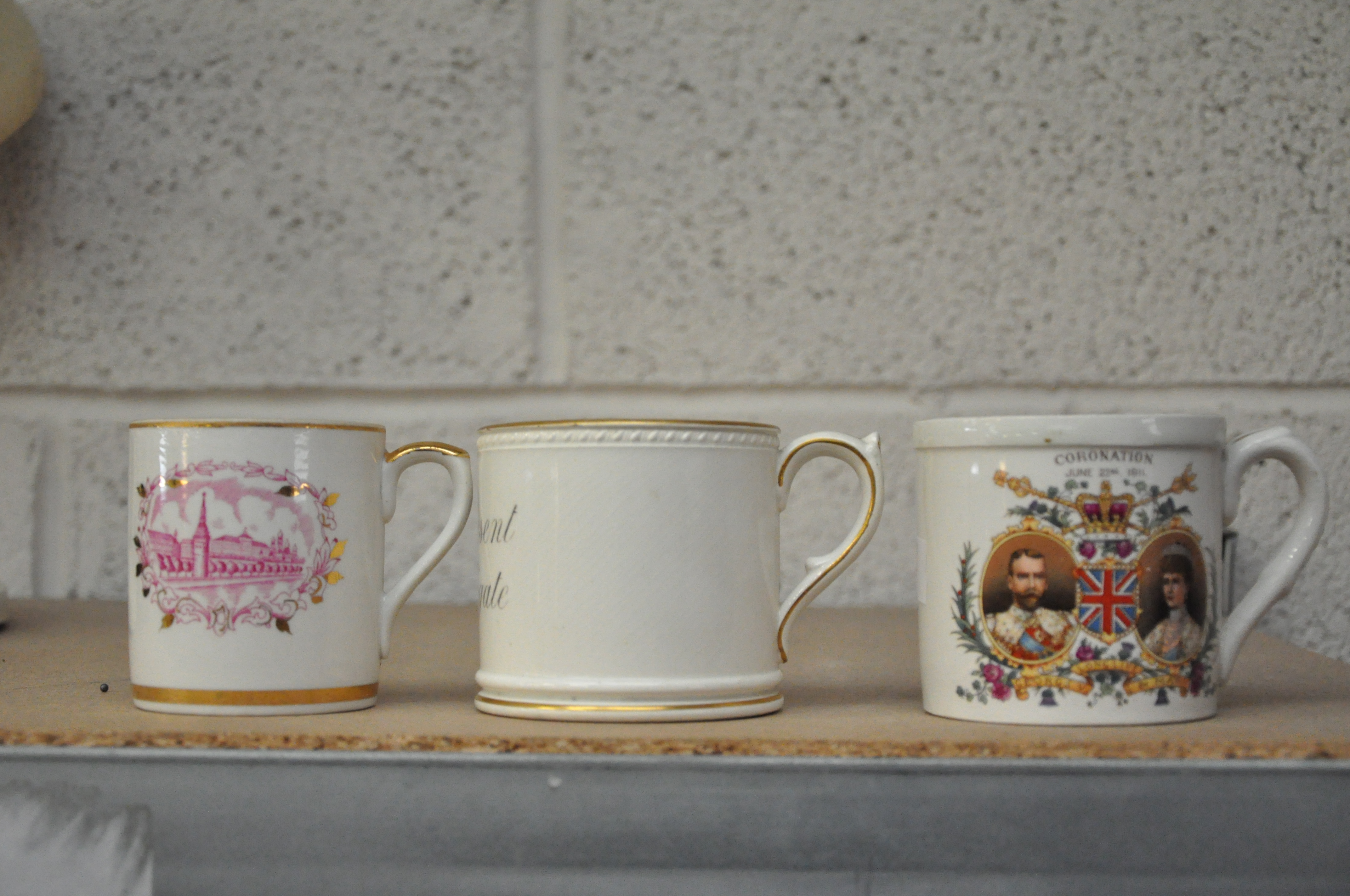 A Putti lamp, nut dish, fox, studio pottery vases and Commemorative mugs. Tallest measures; 29cm. - Image 2 of 5