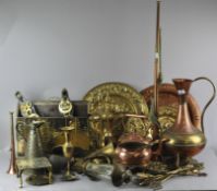 A collection of assorted copper and brass ware, to include an early motoring horn, 35cm long,