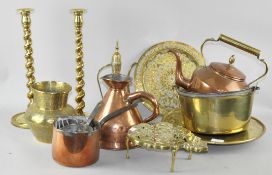 A collection of copper and brass items, to include cookware,