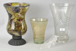A tricolour crackle glass baluster vase on a composite foot, 30cm high,