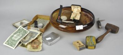 A collection of compasses, knives, tins and a brooch in cloud glass bowl (28cm diameter).